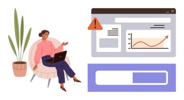 Kadın bilgisayarının yanına oturmuş dijital çizelgeleri ve uyarı uyarılarını izliyor. Takım çalışması, uzaktan çalışma, veri analizi, problem çözme, üretkenlik, iş akışı yönetimi, basit düz alan