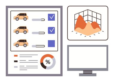 Sürgülü ve işaretli arabalar, veri görselleştirmeli şema, dairesel çizelge ve bilgisayar. Veri analizi, istatistik, proje yönetimi, teknoloji ve araştırma iş planlaması için ideal