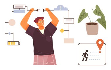 Akış şemasını saksı bitkisi, yolculuk haritası ve pil ikonuna bağlayan kişi. Problem çözme, yaratıcılık, sürdürülebilirlik, iş akışı, enerji belirleme ve proje görselleştirme için ideal. Basit.