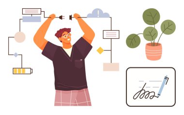 Gülümseyen kişi bağlı iş akışı çizelgelerini, pil ikonunu, imza defterini ve bitkiyi ayarlıyor. Üretkenlik, iş akışı yönetimi, yaratıcılık, yenilik, verimlilik organizasyonu motivasyonu için ideal