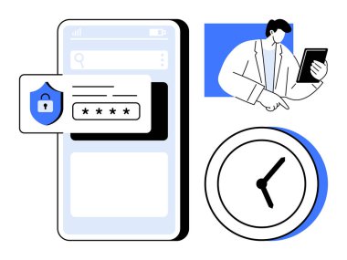 Parola kilidi olan mobil ekran, güvenlik simgesi, zaman yönetimini simgeleyen saat, ve tablet kullanan profesyonel, siber güvenliği vurgulayan, kimlik doğrulama, verimliliği vurgulayan. Teknoloji için ideal