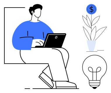 Dizüstü bilgisayar kullanan kişi, büyümeyi temsil eden dolar işareti olan saksı bitkisi, yenilik için ampul. Girişimcilik, yaratıcılık, uzak çalışma, kişisel büyüme, mali başarı, teknoloji için ideal