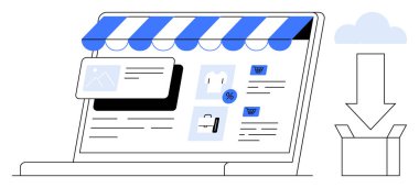 Bir mağaza planı, ürün listeleri, alışveriş arabası ikonu ve indirim etiketi içeren dizüstü bilgisayar ekranı. Bulut ve indirme kutusu yakınlarda. E-ticaret, çevrimiçi alışveriş, dijital araçlar, perakende bulutu için ideal