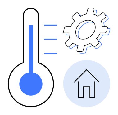 Termometre sıcaklığı gösteriyor, vites otomasyonu sembolize ediyor ve ev de akıllı ev entegrasyonu için. Enerji verimliliği, HVAC, teknoloji, yenilik, sürdürülebilirlik, ev otomasyonu için ideal