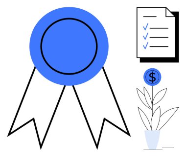 Kurdeleli mavi rozet, tamamlanmış görevleri olan kontrol listesi ve bir çömlekte para tesisi. Başarı, büyüme, tanınma, başarı, hedefler iş motivasyonu için idealdir. Temiz düz metafor