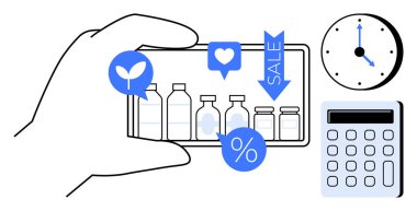 Mal şişelerini, satış etiketlerini, yeşil yaprakları, baş parmakları ve yüzde simgelerini gösteren akıllı telefon. Saat ve hesap makinesi zamanı ve bütçe yönetimini vurguluyor. Perakende ve e-ticaret için ideal.