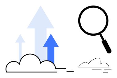Bulutlardan yukarıya doğru büyüyen oklar bir büyüteç yanında gelişmeyi, büyümeyi ve analizi temsil ediyor. İş stratejisi, analitik, yenilik, başarı, keşif, üretkenlik için ideal basit