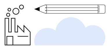 Baloncuk yayan fabrikalar, yaratıcılığı ve yazıyı sembolize eden kalemler ve dijital depolama ve yenilik öneren bir bulut. Yaratıcılık, sürdürülebilirlik, bulut teknolojisi ve eğitim için ideal
