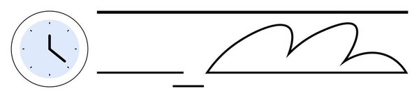 Analog clock with thin black hands and abstract linear cloud shapes. Ideal for productivity, efficiency, punctuality, creativity, planning, scheduling, simplicity. A clean flat metaphor