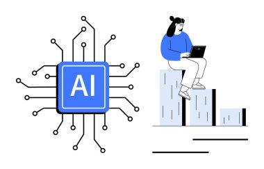 Yapay zeka mikroçipi ile bağlı devreleri olan bir kadın, kolon parmaklıklarında oturmuş, dizüstü bilgisayarla çalışıyor. Yapay zeka yeniliği, teknoloji büyümesi, veri analizi, makine öğrenimi, otomasyon, kariyer için ideal