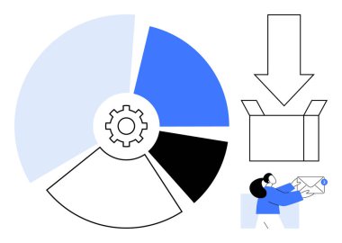 Merkezi teçhizatlı pasta grafiği, aşağı doğru okla boks ve kullanıcı yönetimi belgeleri. İş akışı, süreç optimizasyonu, dağıtım, veri analizi, organizasyon, takım çalışması için ideal basit düz