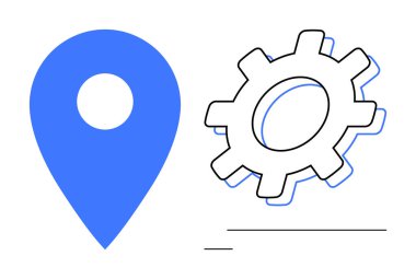 Navigasyonu, konfigürasyonu ya da sistem işlemlerini sembolize eden bir dişlinin yanındaki mavi konum işareti. Navigasyon, ayarlar, teknoloji, sistem yönetimi, otomasyon seyahat planlaması için ideal. Basit.