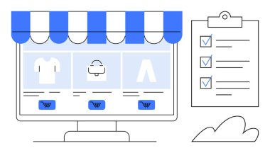 Bilgisayar ürün listeleri, alışveriş arabaları, pano kontrol listesi ve bulut detaylarıyla bir e-ticaret platformu gösteriyor. E-ticaret, dijital pazar, perakende, ürün yönetimi için ideal