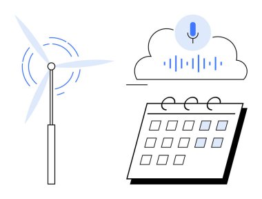 Rüzgar türbini rotasyonu, yapay zekanın ses tanıma sistemine sahip bulut ve yenilenebilir enerji, yapay zeka, planlama, üretkenlik, teknoloji yeniliği, gelecekteki eğilimler, basit yassı