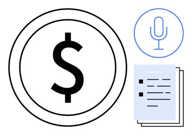 Çemberde dolar işareti, mikrofon simgesi ve finans, ses teknolojisi ve veriyi sembolize eden bir yığın belge. Fintech, dijital araçlar, otomasyon, iletişim bankacılığı için ideal basit