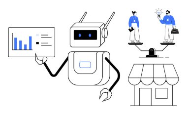 Analitik sunan robot, yenilikle iş hedeflerini dengeleyen ölçekler ve mağaza önü. Yapay zeka, otomasyon, iş stratejisi, karar verme, yenilik perakende ve veri için ideal. Basit düz