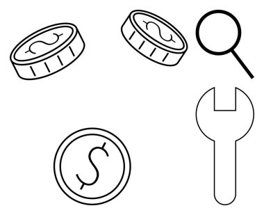 Dolar işaretli madeni paralar, büyüteç ve anahtar finans, yatırım, maliyet analizi, iş araçları, bütçe hesaplaması, problem çözme ve basit düz bir mecazda yenilik kavramlarını temsil ediyor.