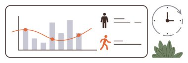 Çizgi çizelgesi, insan figürleri ve bir bitkinin yanındaki saat. İzleme, analiz, zaman yönetimi, proje ilerlemesi, verimlilik, iş raporları ve basit düz metafor için ideal