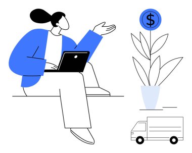 Çömlek fabrikasında dizüstü bilgisayar jestleri kullanan kadın dolar işareti ve teslimat kamyonuyla finansal büyümeyi sembolize ediyor. İş, finans, girişimler, e-ticaret, lojistik, yatırım için ideal