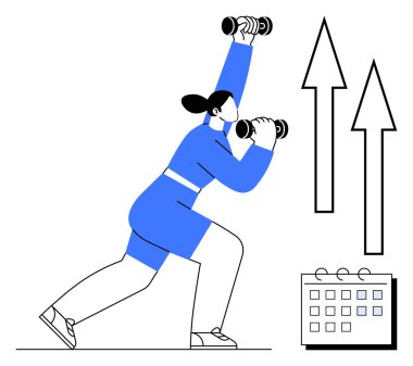 Dambıllarla egzersiz yapan kadın, takvimi simgeleyen takvim, büyümeyi simgeleyen oklar. Fitness, motivasyon, hedef belirleme, kişisel büyüme, sağlık gelişimi kişisel gelişim için idealdir. Basit düz