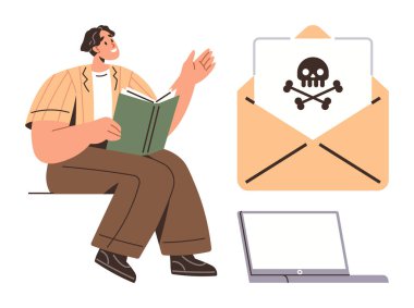 İçinde kafatası simgesi olan açık bir zarf kötü amaçlı yazılımı sembolize ederken adam kitap okuyor. Dijital bağlam için dizüstü bilgisayar dahil. Siber güvenlik, eğitim, risk bilinci, dijital güvenlik, çevrimiçi tehditler için ideal