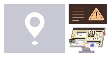 Konum pin sembolü, grafikleri, kullanıcı profilleri ve uyarı levhası olan dijital gösterge paneli. Navigasyon, alarm sistemleri, veri analizi, güvenlik, izleme ve risk yönetimi için ideal