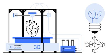 3D yazıcı ampul ve bağlı blokların yanında bir insan kalbi yapıyor. Tıbbi yenilik, biyoteknoloji, sağlık hizmetleri, bilimsel gelişim, gelecekteki teknoloji, araştırma, basit daire