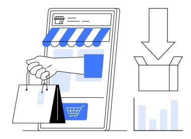 Dükkan önü, el çantası, paket ikonu ve analiz grafiği olan mobil cihaz ekranı. Çevrimiçi alışveriş, e-ticaret, dağıtım, perakende satış, lojistik dijital pazarlama işi için ideal