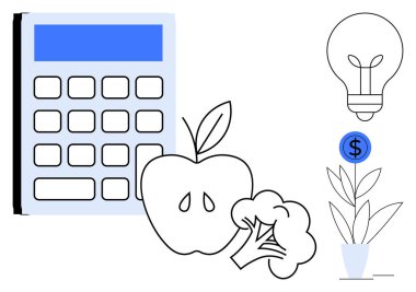 Hesap makinesi, elma, brokoli, madeni parayla saksı bitkisi ve ampul bütçe, sağlıklı alışkanlıklar, eko-bilinç ve finansal büyümeyi temsil ediyor. Sağlıklı beslenmenin sürdürülebilirliği için ideal