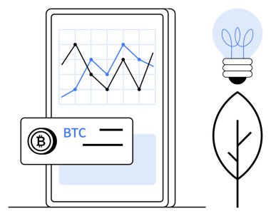 Akıllı telefon, kripto para birimi grafiğini BTC detayı, bitki yaprağı ve ampul ile gösteriyor. Fintech, yatırım, sürdürülebilirlik, yenilik, eko-teknoloji, dijital ekonomi bloklama için ideal. Basit.