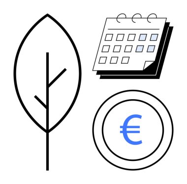 Yaprak, takvim ve avro işaretli sikke sürdürülebilirlik, çevre bilinci, mali planlama, çevre dostu işletme, kaynak yönetimi temsil etmektedir. Finans ve ekoloji tasarrufu için ideal CSR