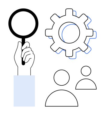 Vites ve kullanıcı simgelerinin yanında el ele tutuşan büyüteç, araştırmayı, verimliliği, işbirliği ve problem çözmeyi sembolize ediyor. İş, teknoloji, takım çalışması, yenilik analizi için ideal