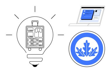 İçinde organize bavul olan ampul, web sayfalı dijital ekran, eko yaprak rozeti. Seyahat, organizasyon, sürdürülebilirlik, yaratıcılık, teknoloji, ekolojik bilinçli yaşam tarzı için ideal basit düz