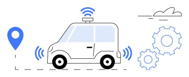 Kablosuz sinyalleri, navigasyon pimi, otomasyon vitesleri ve bulut simgesi olan otomatik çalışan bir araba. Teknoloji, yenilik, yapay zeka, ulaşım özerk navigasyon bağlantısı için ideal. Basit düz metafor