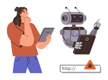 Bir robot başka bir cihazın verilerini incelerken elinde tablet tutan bir kadın. Web bağlantısındaki böcek simgesi siber güvenlik riskini belirtir. Yapay zeka, siber güvenlik, teknolojik riskler ve dijital yenilik için ideal