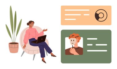 Bilgisayarlı bir kadın video görüşmesi yapıyor. İki çevrimiçi profil görüntüler. İletişim, ağ oluşturma, evden çalışma, çevrimiçi toplantılar, teknoloji, bağlantı, basit düz metafor