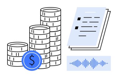 Bir dolar işareti, bir finansal belge ve ses dalgası vurgulanmış finans, bütçe ve teknoloji içeren bozuk paralar yığılmış. Fintech, işlemler, yatırım, dijital ekonomi analizleri için ideal