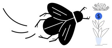 Siyah sinek, çizilmiş bitkilerin yanında kıvrımlı çizgiler, bir çiçek vazosu ve dolar sikkesi ile hareket ediyor. Ekoloji, haşere kontrolü, ekonomi, sürdürülebilirlik, tarım, minimalizm için ideal düz metafor