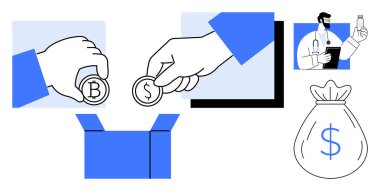 Eller bir kutuya dolar ve bitcoin para bağışlar, çerçevedeki doktor sağlık fonu anlamına gelir, para çantası finansal yardımı sembolize eder. Bağış, sağlık, bağış, kitle fonlama için ideal