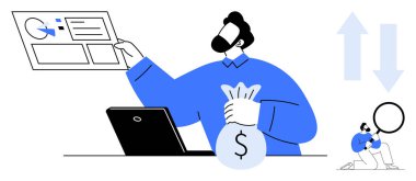 Adam ekranda analizleri dizüstü bilgisayarla inceliyor, elinde para çantası var. Büyüteci olan küçük bir figür verileri keşfediyor. Finans, yatırım, büyüme, yönetim, üretkenlik ve analitik için ideal