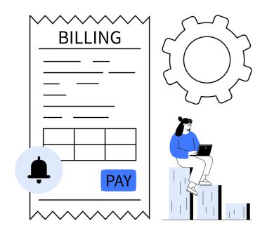 Fatura ödeme seçeneği, bildirim simgesi, sistemler için dişli sembolü ve barlarda dizüstü bilgisayar kullanan kadın. Finans, fatura, otomasyon, iş akışı, ödeme yönetimi ve basitlik için ideal