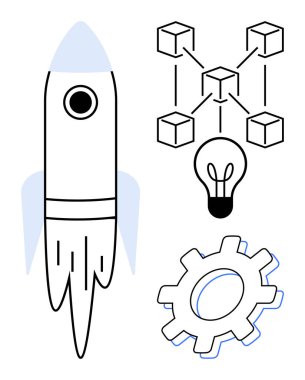 Roket gelişimi simgeliyor, ademi merkeziyet için engelleme ağı, fikirler için ampul ve endüstri için teçhizat. Yenilik, teknoloji, girişim, strateji, mühendislik yaratıcılığı için ideal