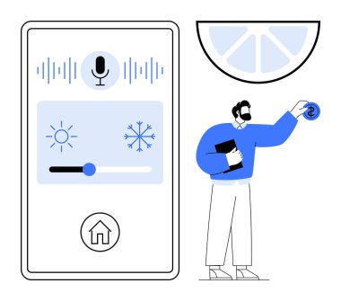 Sesli komut ile mobil arayüz, ısı kaydırıcı, ev ikonu, para tutan adam. Teknoloji için ideal, akıllı ev, otomasyon, yapay zeka, finansal yenilik basit düz metafor