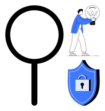 Büyük büyüteç, parlayan ampul tutan adam, kalkanlara kilitlen. Yenilik, araştırma, siber güvenlik, anlayış, problem çözme yaratıcılığı koruması için idealdir. Basit düz metafor