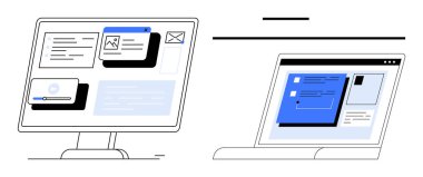 Metin, resim ve dosya ögelerini içeren açık etkileşimli kullanıcı arayüzü pencereleri içeren bilgisayar monitörü ve dizüstü bilgisayar görüntüsü. Takım çalışması, proje planlaması, UIUX tasarımı, içerik geliştirme için ideal