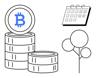 Bir takvim ve soyut bir ağaç ana hatının yanına istiflenmiş bitcoin paraları, kripto para birimi büyümesini, yatırım planlamasını, ekonomik sürdürülebilirliği ve gelecekteki finansmanı sembolize ediyor. Engelleme zinciri için ideal
