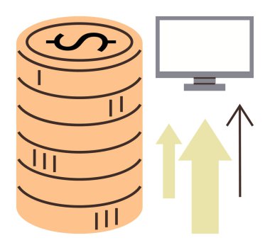 Yükselen oklar yanında para yığını ve finansal büyümeyi, dijital eğilimleri ve iş başarısını sembolize eden gözlemler. Finans, analitik, ekonomik ölçümler, dijital dönem temaları için idealdir. Basit.