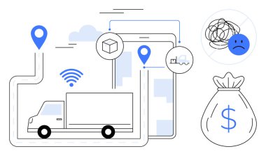 GPS takibi, rota optimizasyonu, kablosuz iletişim, maliyet verimliliği çantası ve sorun çözme ikonları olan teslimat kamyonu. Ulaşım, lojistik, tedarik zinciri ve iş teknolojisi için ideal