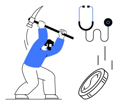 Kazma sallayan adam yakınlarda stetoskop ve sikkeyle dijital para madenciliğini temsil ediyor. Engelleme zinciri, sağlık finansmanı, kripto para birimi, iş gücü, iş hedefleri, bankacılık, basit daire
