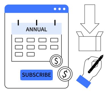 Yıllık plan olarak işaretlenmiş takvim, abonelik düğmesi, dolar bozuk paralar, elinde kalem, ok indir ve kutu. Ödeme, e-ticaret, lojistik abonelik planlama için ideal. Basit düz metafor.